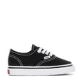 Toddler black canvas sneakers, white laces, VANS logo patch, stitched sidewalls