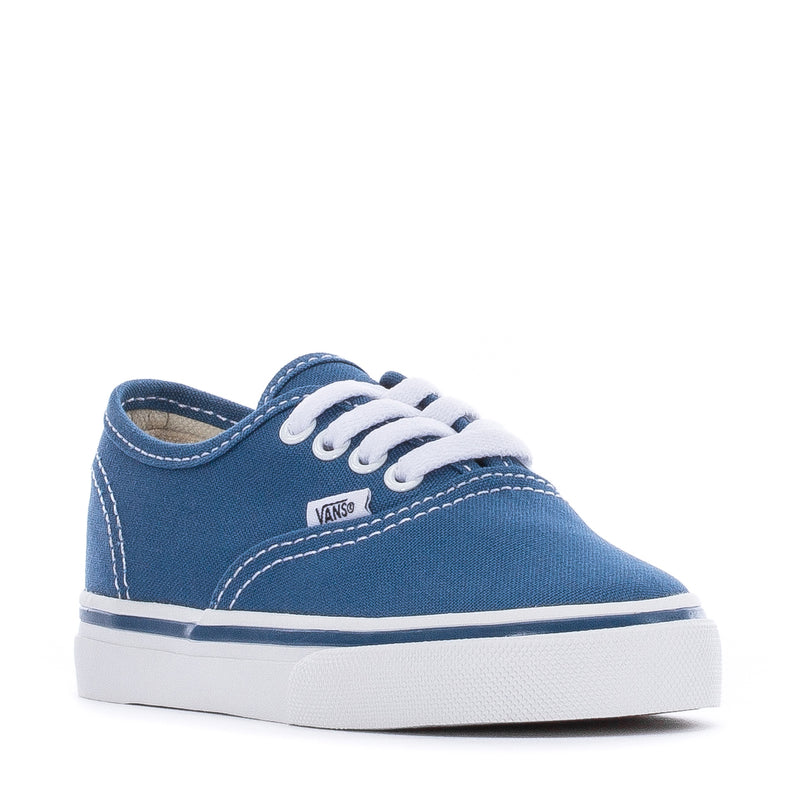 Toddler canvas sneakers in navy with white laces, VANS logo, and white rubber sole