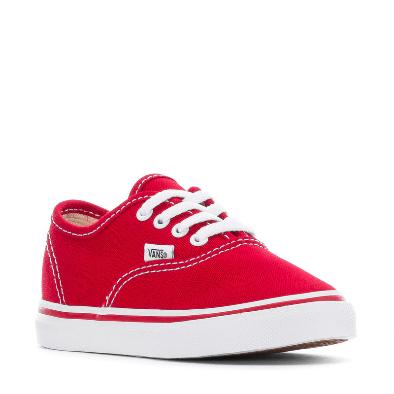 Red canvas toddler sneaker with white laces and VANS logo on side, rubber cup sole.