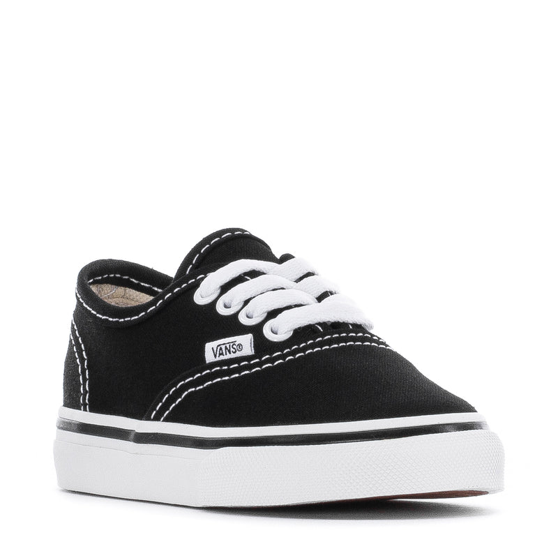 Toddler black canvas sneakers, white laces, low-top lace-up, VANS tongue label
