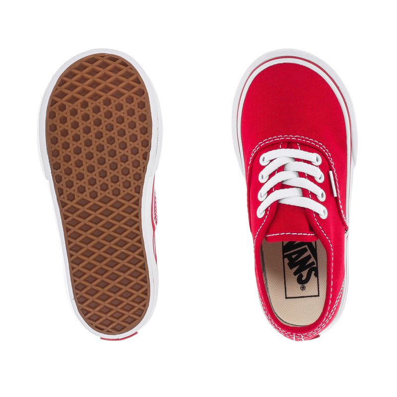 Pair of red canvas toddler sneakers: outsole tread and VANS tongue label visible.