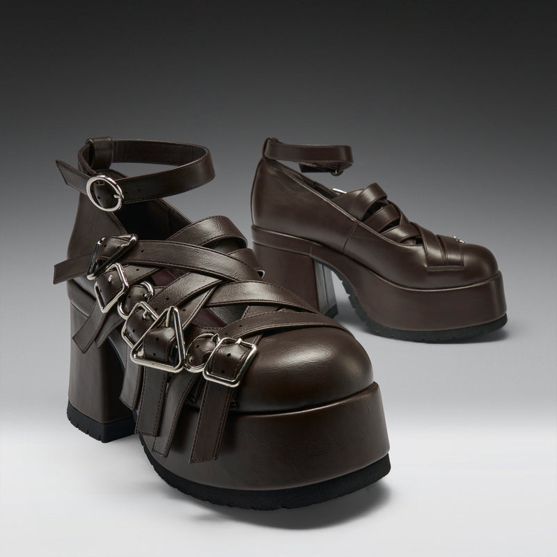 Avalon Strappy Heeled Shoes- Acorn - Front View