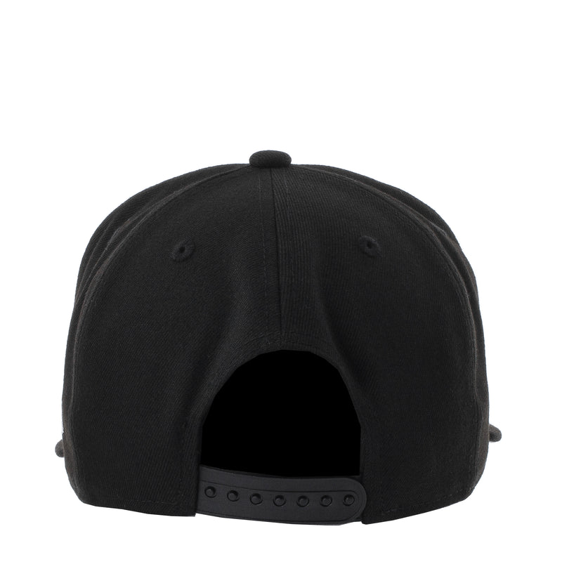 Black baseball cap with adjustable back strap and ventilation eyelets