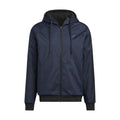 Men's navy hooded zip jacket with adjustable drawstrings and front logo patch