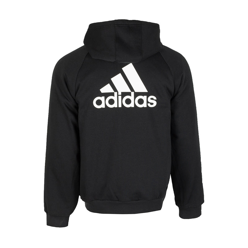 Men's black hooded zip jacket with large adidas logo on back