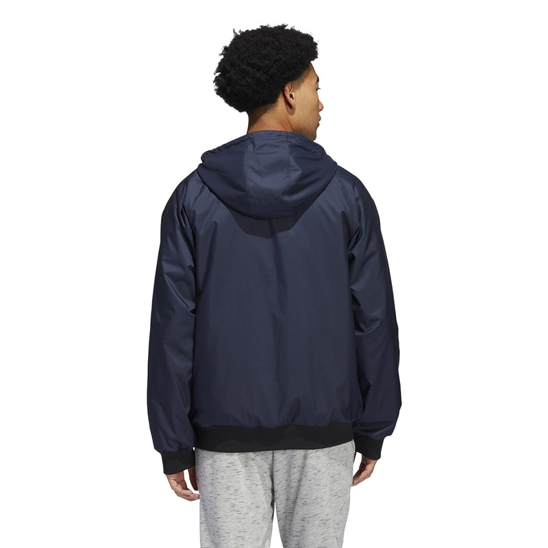 Men's navy hooded zip jacket back view with adjustable hood drawstrings