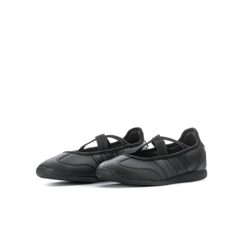 Youth Mary Jane flats in black, side view with strap and stitched panel lines