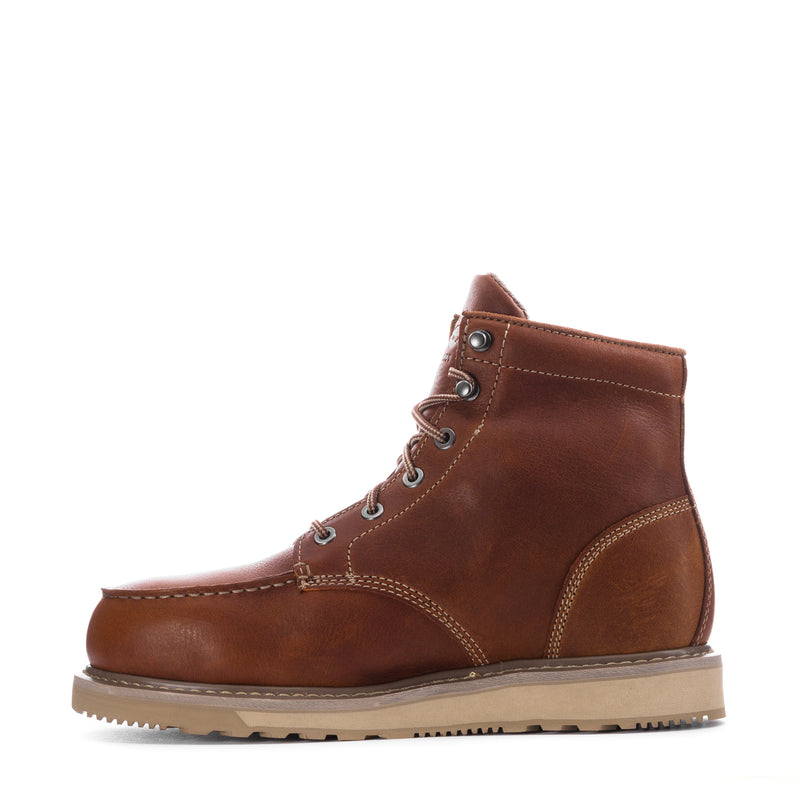Men's wedge work boot, rust-brown leather, lace-up and side panel stitching