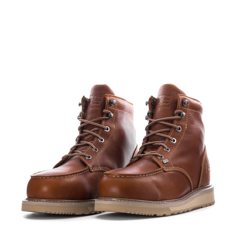Pair of men's wedge work boots, rust-brown leather, lace-up front view
