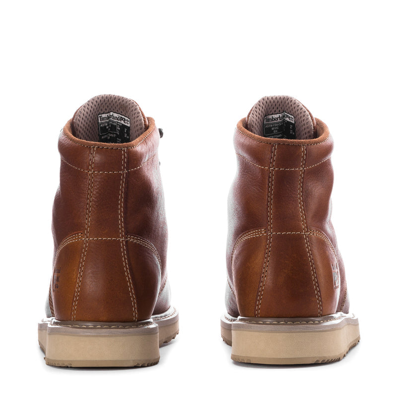 Men's wedge work boot heel and back, rust-brown leather with loop pull tab