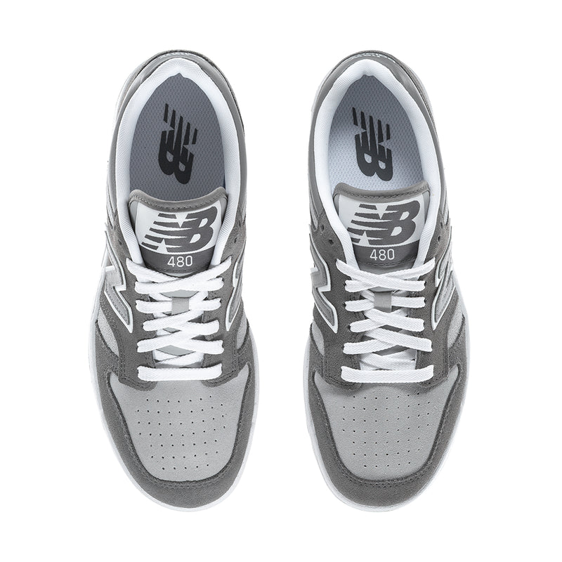 Men's New Balance 480 sneakers, top view with 480 and New Balance logos on tongues
