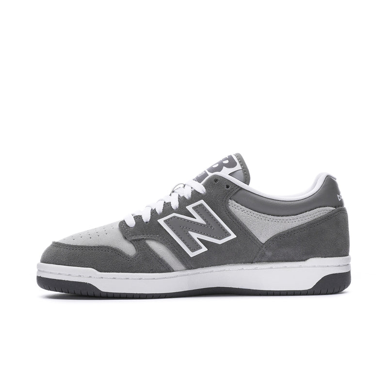 Men's New Balance 480 sneakers, side view with large N logo in light gray and dark gray