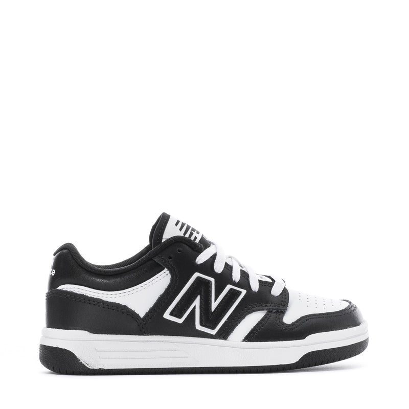 Kids' black-and-white New Balance 480 wide sneakers, N logo and white laces