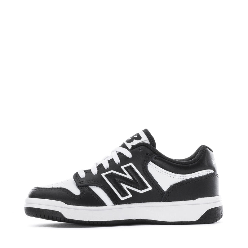 Kids' New Balance 480 wide sneakers, front quarter view with black and white panels