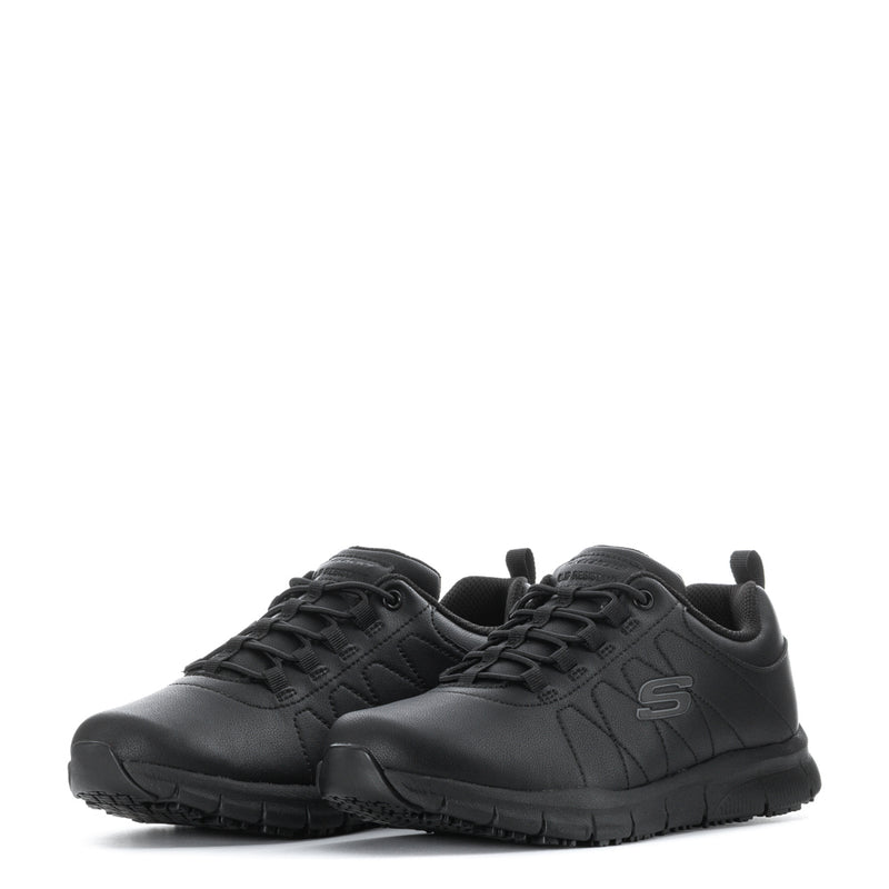 Pair of women's black lace-up sneakers with cushioned soles and S logo accents