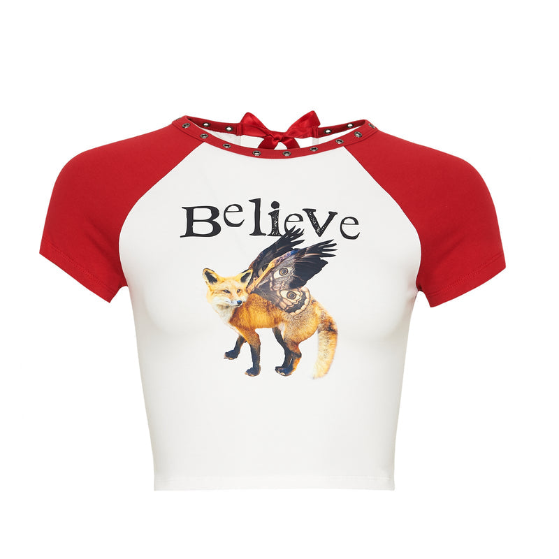 Red and white baseball shirt with a fox graphic and 'Believe' text on a white background