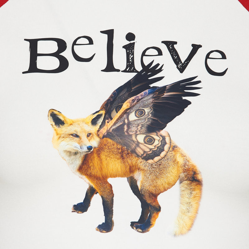 Fox with butterfly wings and 'Believe' text on a white background