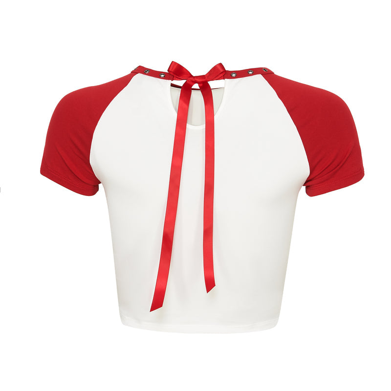 White top with red sleeves and a red ribbon on a white background