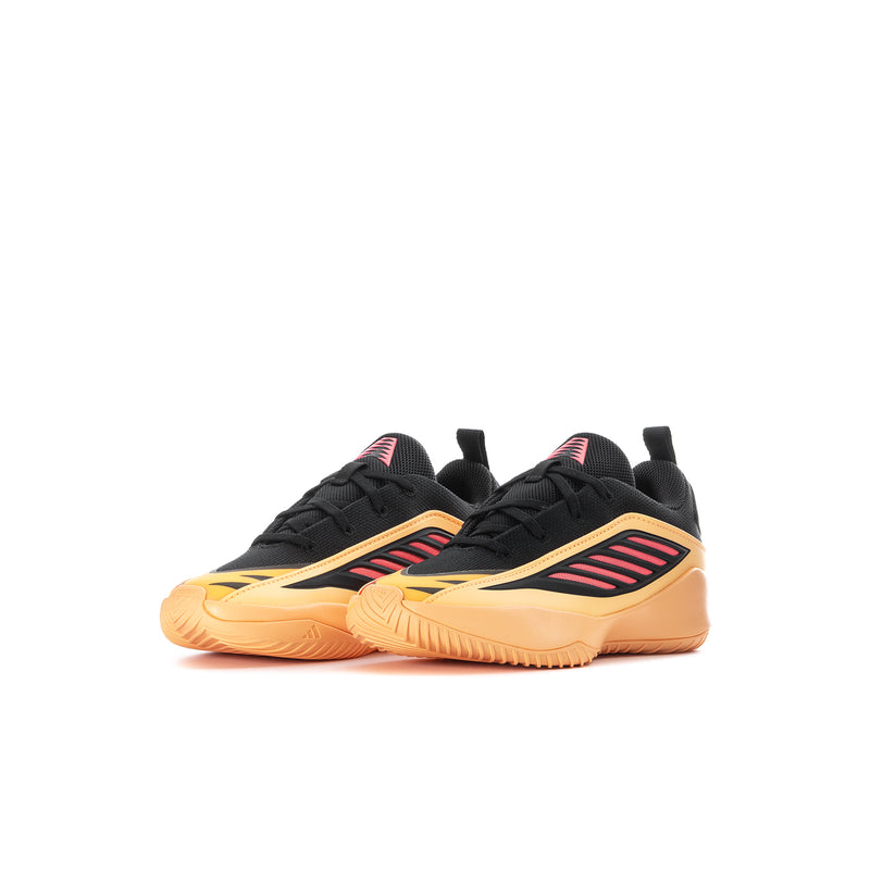 Kids black court shoes with peach soles and pink triple-stripe detailing