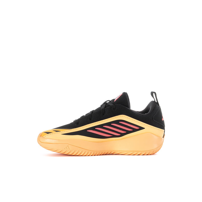 Kids black low-top shoe with peach trim and pink stripe graphic