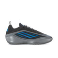 Mens athletic sneakers, dark gray with blue stripe accents and light gray sole