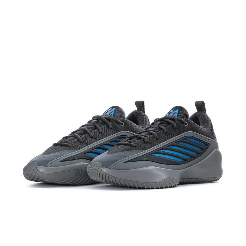 Pair of mens athletic sneakers in dark gray with blue stripe panels and textured sole