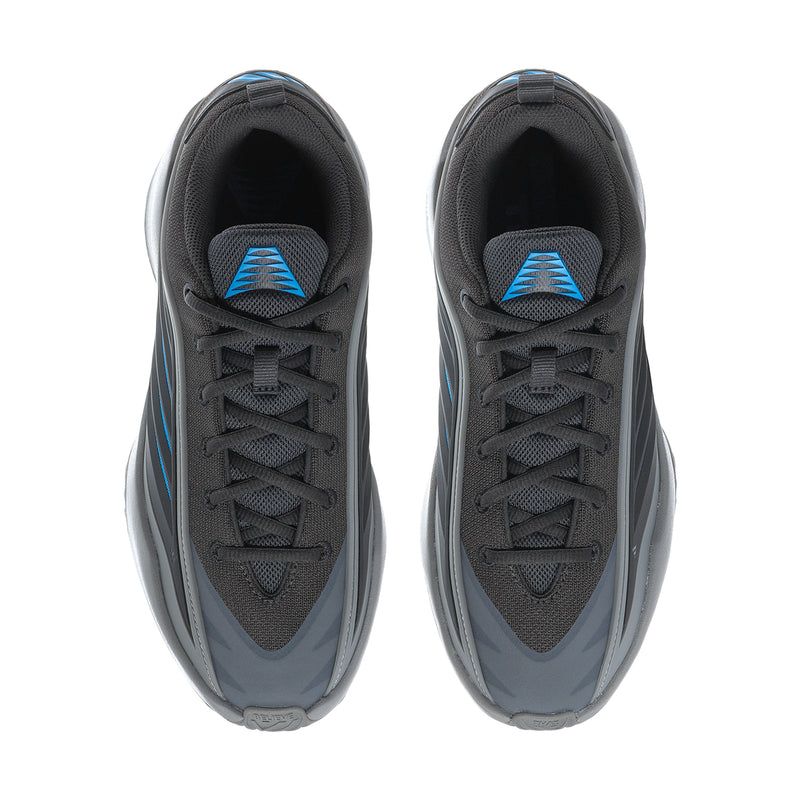Mens sneakers front view: dark gray uppers with blue accent tongue and laces