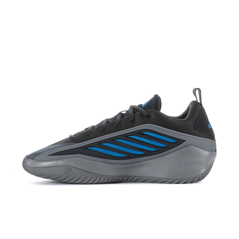 Mens athletic sneaker side profile in dark gray with blue stripe graphic and gray outsole