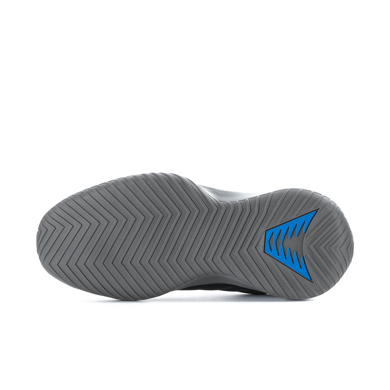 Shoe outsole view: textured gray tread with blue logo on the heel
