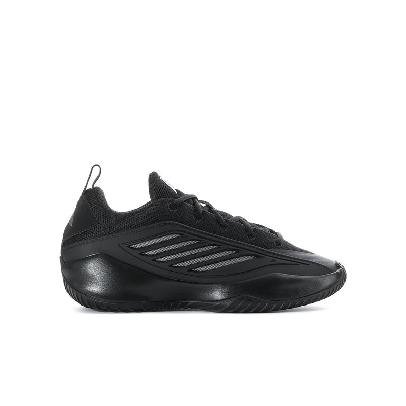 Youth black athletic sneaker with lace-up front, side stripes, and grippy rubber sole