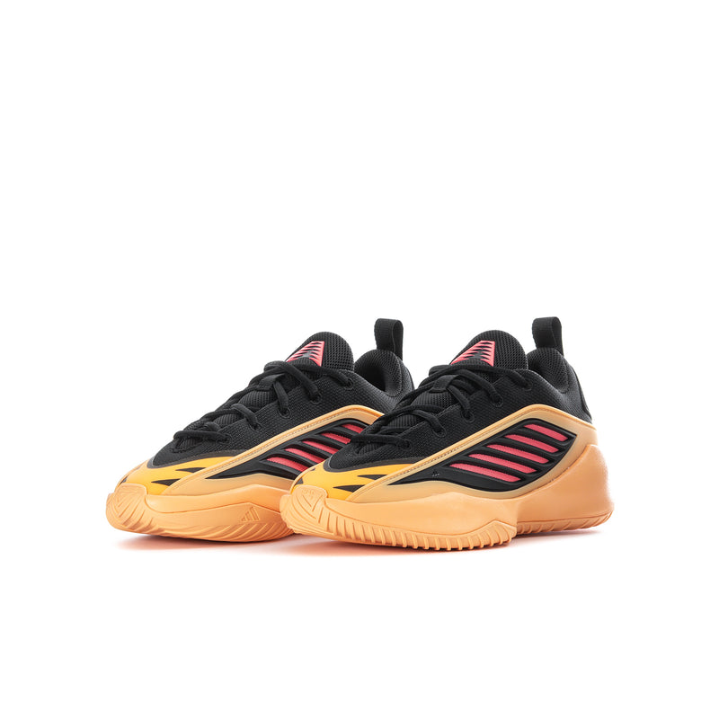 Youth sneakers, two shoes view; black uppers with peach/yellow sides and pink logo