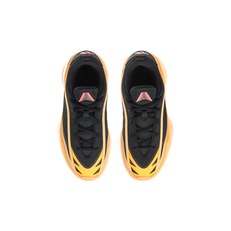 Youth sneakers top view; black laces with pink logo on tongue and peach trim
