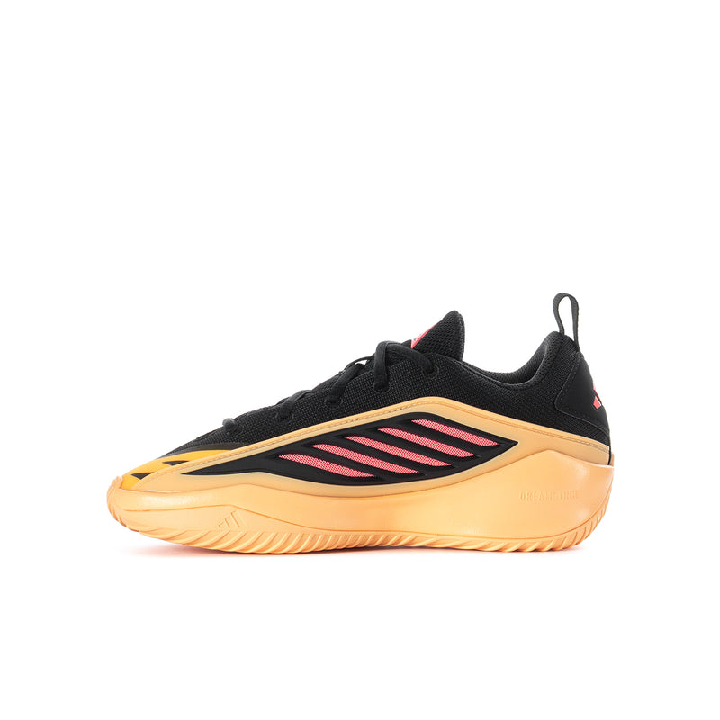 Youth sneaker side view; black upper with pink stripe emblem and peach/yellow sole
