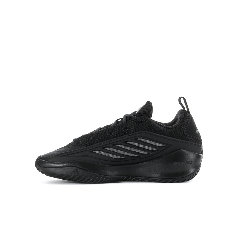 Youth black low-top athletic sneaker with lace-up closure and three side stripe lines