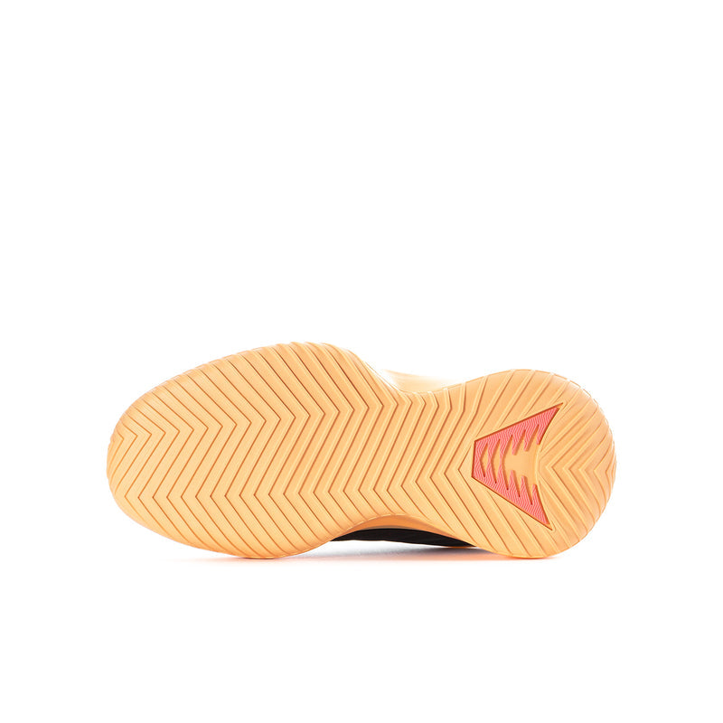 Youth sneaker outsole view; textured peach rubber sole with pink logo on heel