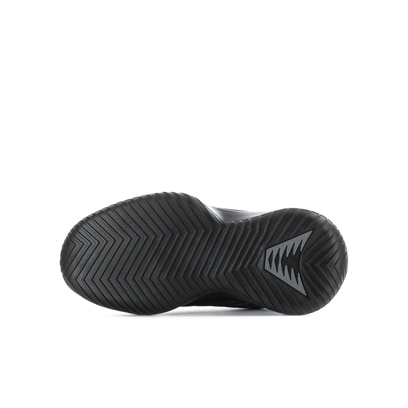 Youth black athletic sneaker outsole with detailed herringbone tread pattern