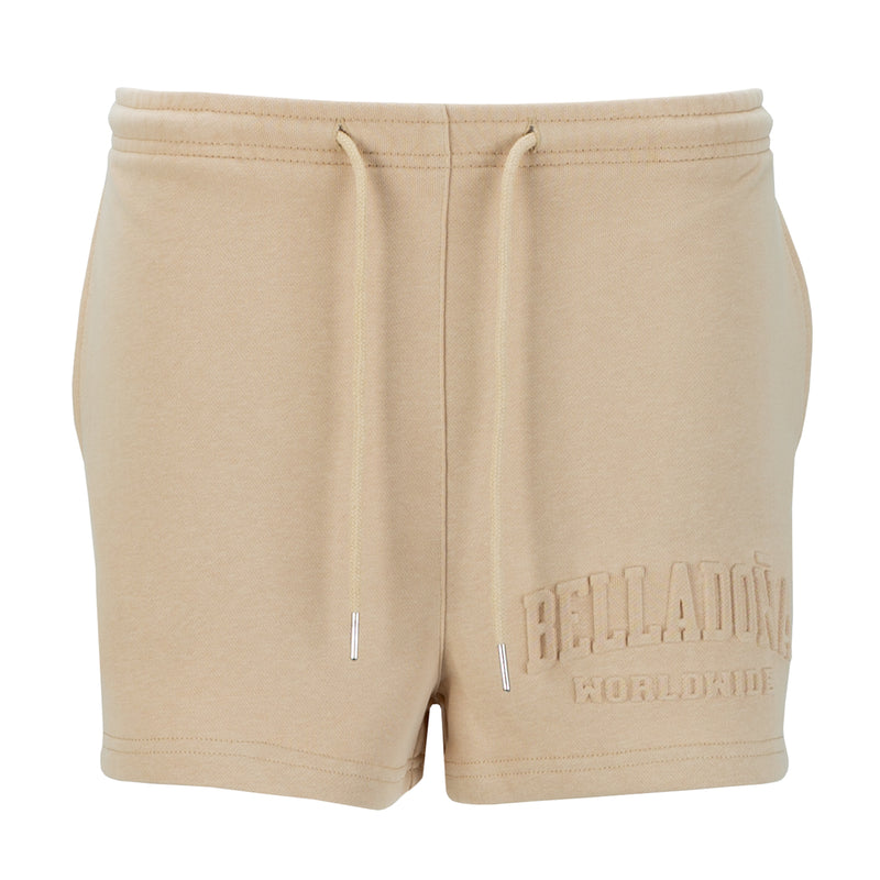 Women's beige French terry shorts with drawstring and side pockets, logo detail