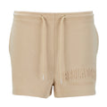 Women's beige French terry shorts with drawstring and side pockets, logo detail