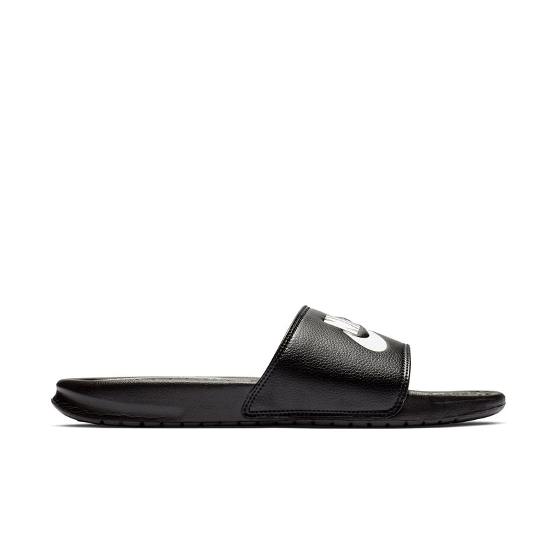 Black slide sandals with curved strap and Nike logo on top