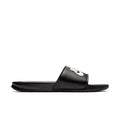 Black slide sandals with curved strap and Nike logo on top