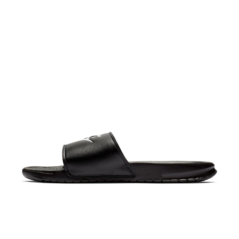 Black slide sandal with single strap and textured outsole
