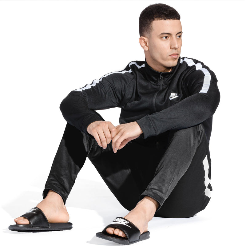 Men's black Nike slides with open-toe footbed and white Nike mark