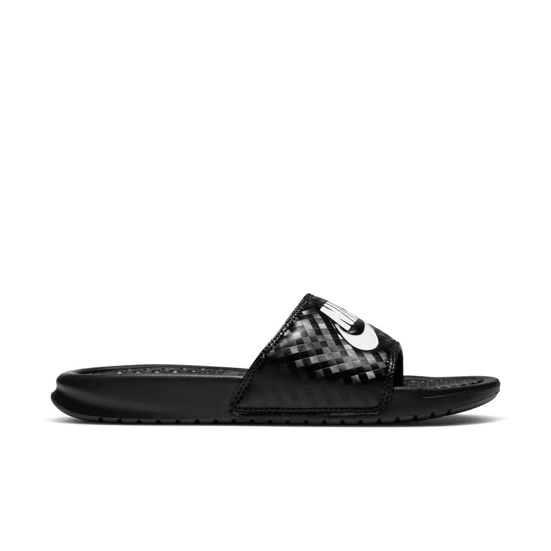 Black and white Nike slide sandal with textured strap and swoosh logo