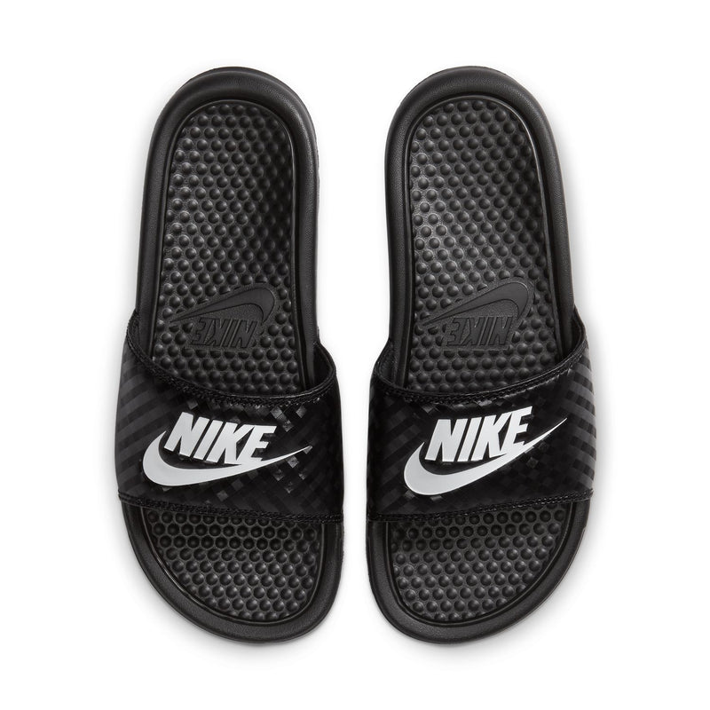 Black Nike sandals with textured footbed and white swoosh branding