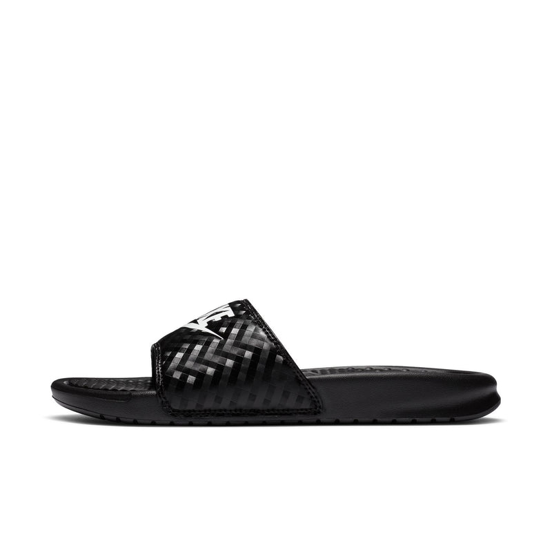 Black Nike slide sandals with checker-pattern strap and white swoosh