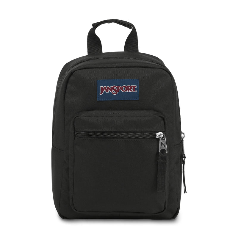 Black Jansport lunch bag backpack with front zip pocket and top carry handle