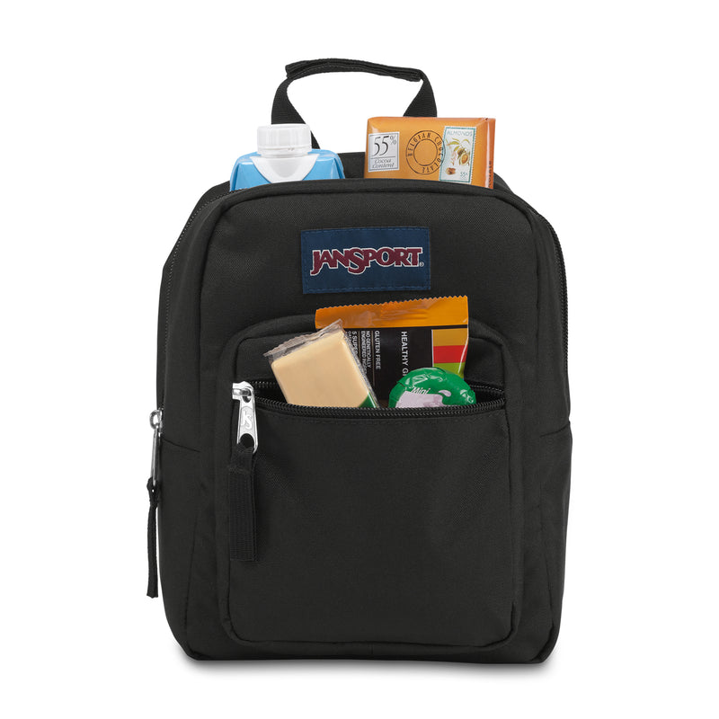 Black Jansport lunch bag backpack, front zip pocket with visible snacks and bottle