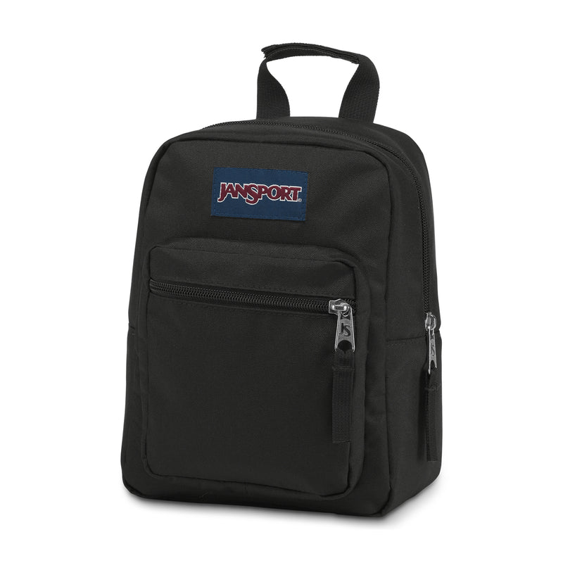 Black Jansport lunch bag backpack with front zipper pocket and side zipper pulls