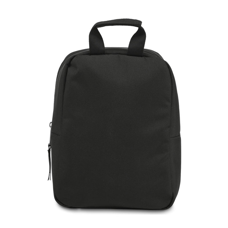 Black Jansport lunch bag backpack, plain back panel with top carry handle