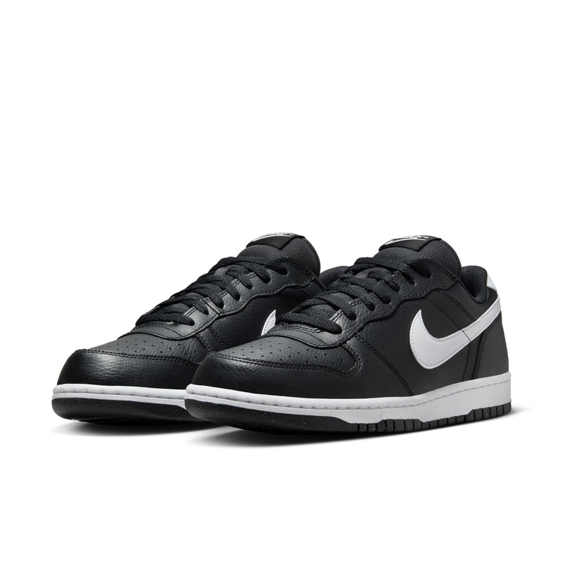 Pair of men's black low-top sneakers with white Swoosh and ribbed outsole